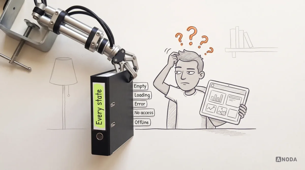 Mixed-media illustration: a drawn developer scratches their head over a single happy-path screen, orange question marks above; a real steel arm sets a real black ring binder on the desk, labelled “Every state” in lime, with tabs for Empty, Loading, Error, No access and Offline.