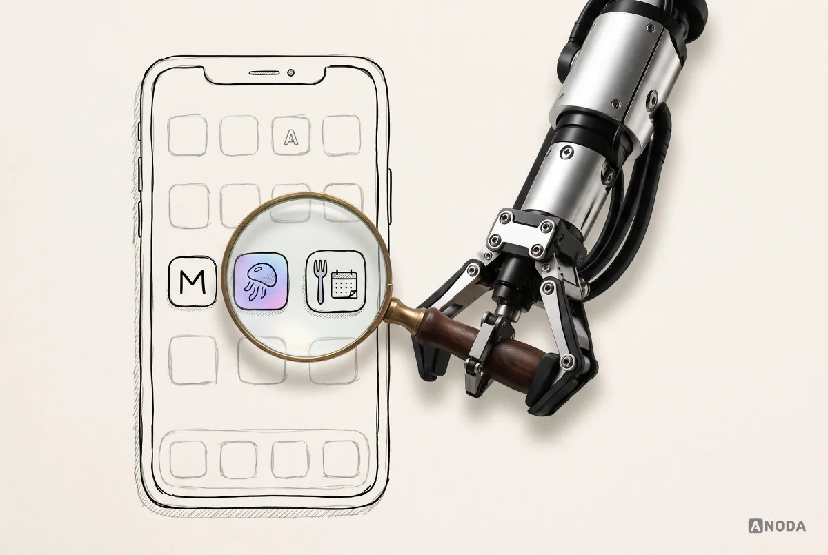 Mixed-media illustration: a real steel arm holds a real magnifying glass over three tiny app icons on a drawn phone home screen: a lone “M”, a pastel gradient jellyfish, and a fork beside a calendar.