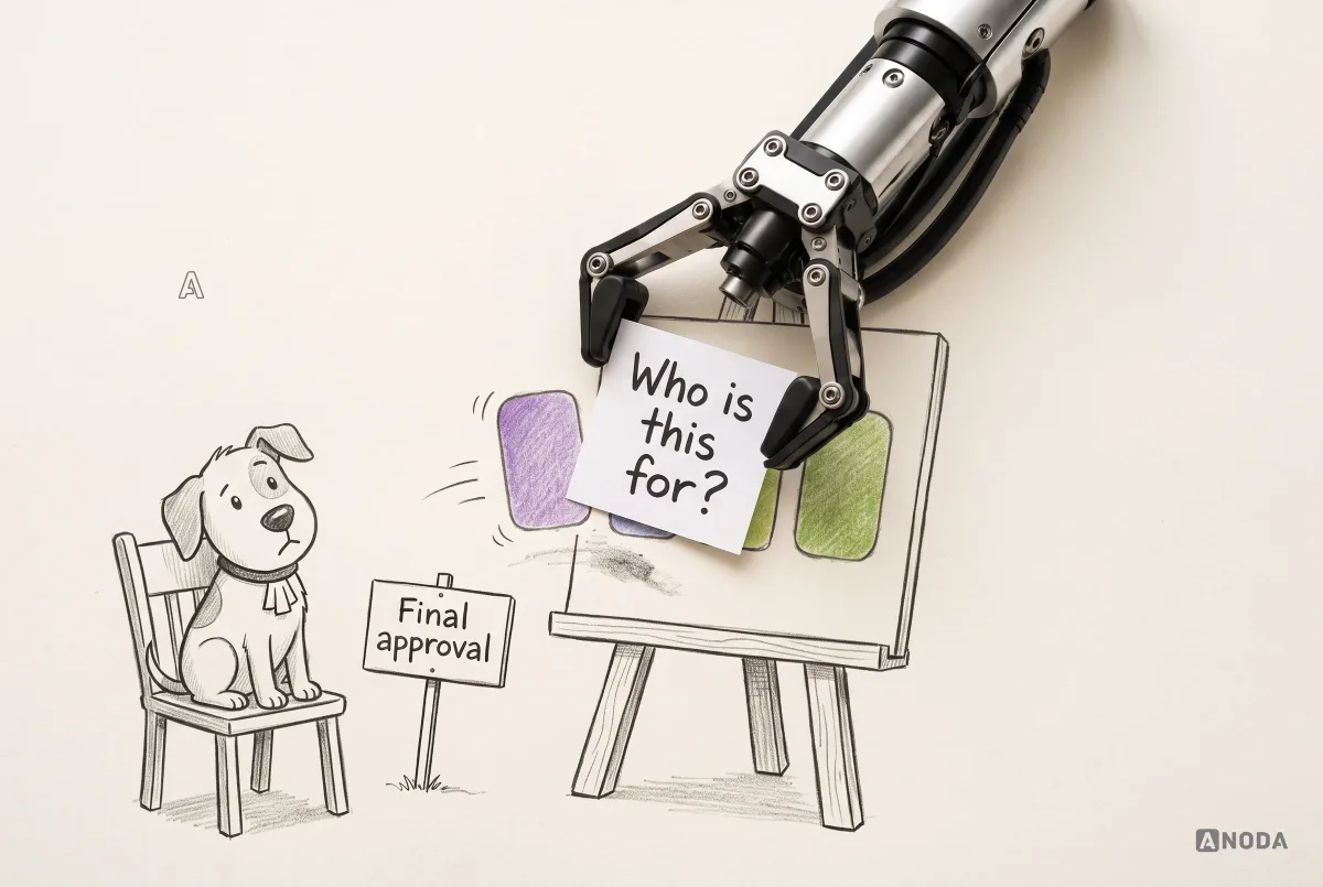 Mixed-media illustration: a real steel arm sets a card reading “Who is this for?” on a drawn easel as purple and green button swatches are swept aside, while a puzzled drawn dog watches from a chair beside a “Final approval” sign.