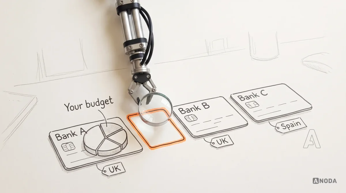 Mixed-media illustration: three drawn bank cards labelled “Bank A”, “Bank B” and “Bank C” with tags “UK” under the first two and “Spain” under the third; a drawn pie chart labelled “Your budget” covers only the Bank A card, and a real steel robotic arm holds a magnifying glass over the orange-outlined gap between the chart and the other two cards.