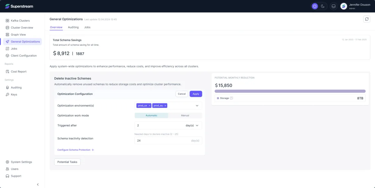 General Optimizations: Delete Inactive Schemes opened for configuration, with environments, automatic or manual mode, trigger delay and inactivity detection beside its $15,850 potential monthly reduction