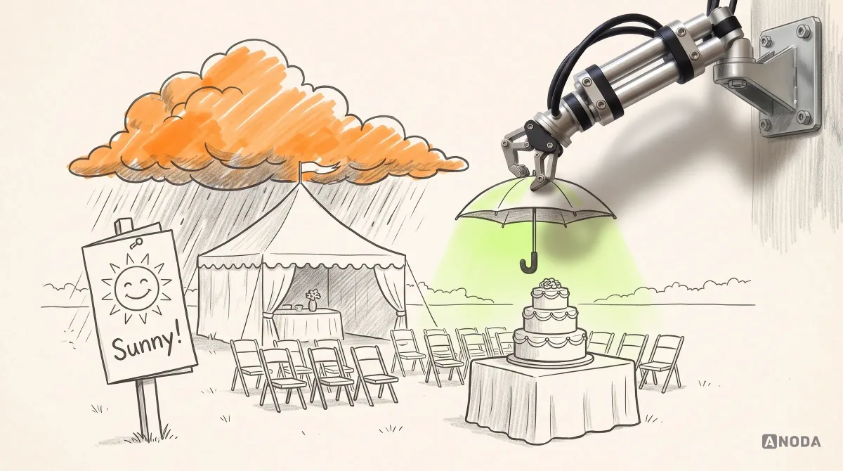Mixed-media illustration: a drawn outdoor wedding with a tent, rows of chairs and a tall cake, a brochure reading “Sunny!” on a post and an orange storm cloud rolling in, while a real steel arm holds a small umbrella over the cake.