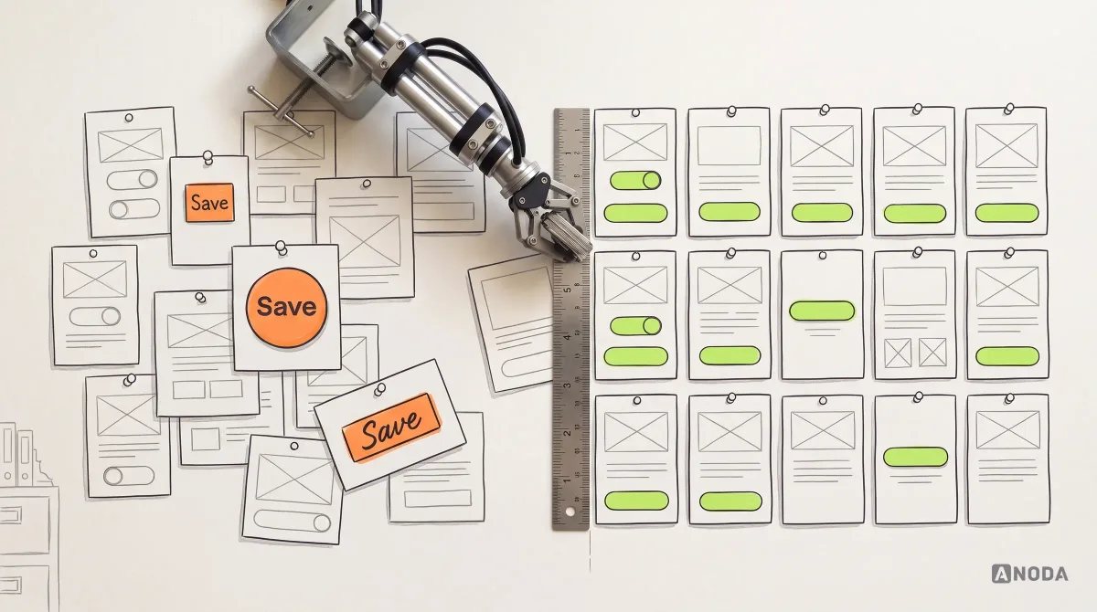 Mixed-media illustration: a drawn wall of mismatched interface cards with three different orange “Save” buttons on the left and the same cards aligned on a grid in lime on the right; a real steel arm holds a real steel ruler at the border between the two halves.