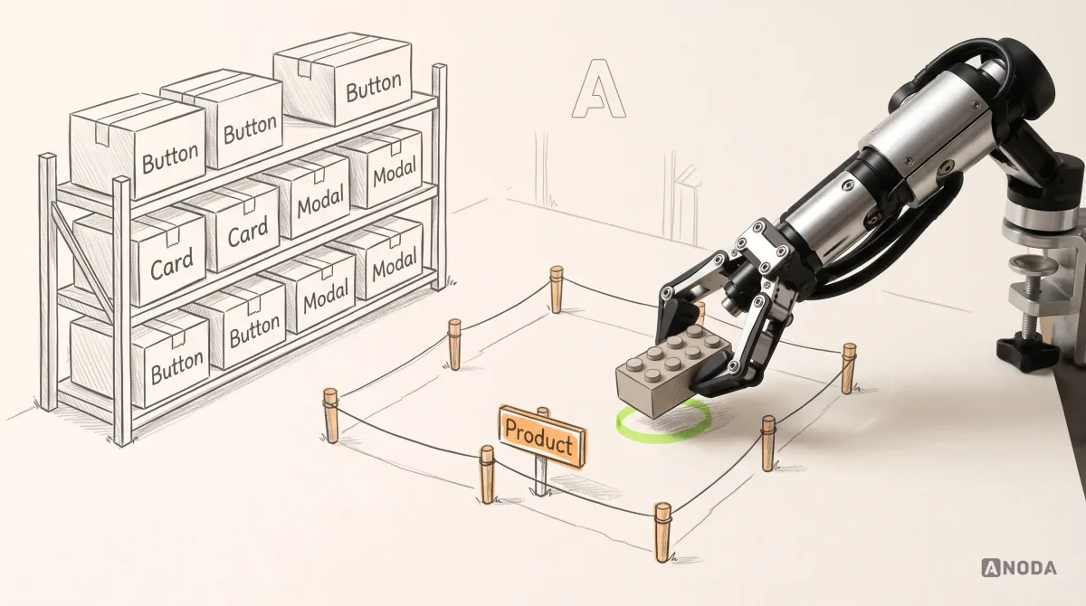 Mixed-media illustration: a drawn warehouse shelf neatly stacked with labelled component boxes — “Button”, “Card”, “Modal” — beside an empty drawn plot of land marked out with pegs and labelled “Product” in orange, while a real steel arm entering from the right on a table clamp sets a single real toy building brick down in the middle of the empty plot.