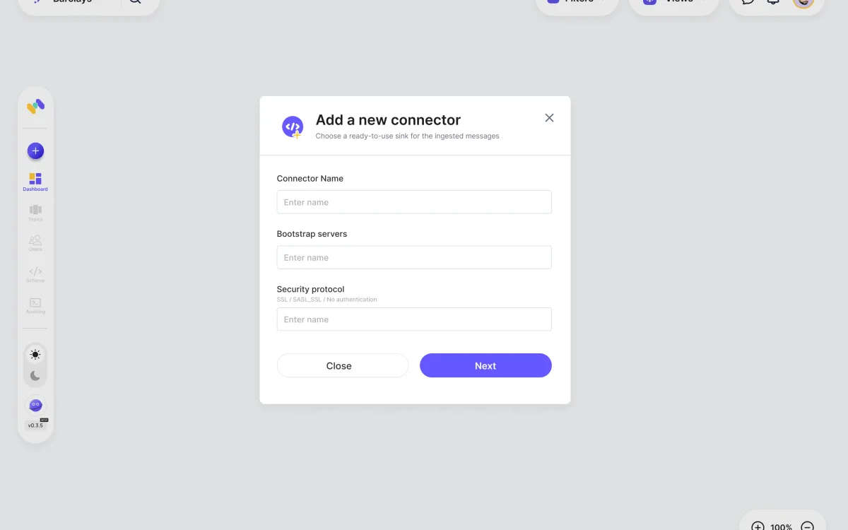 Superstream before the redesign: an Add a new connector modal with three bare fields, connector name, bootstrap servers and security protocol