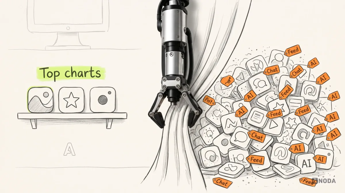 Mixed-media illustration: a drawn shelf labelled “Top charts” holds three glossy drawn app icons, while behind a drawn curtain lies a much larger pile of dusty drawn app icons, each carrying the same small orange tags “Chat”, “Feed” and “AI”; a real steel robotic arm hanging from the top edge pulls the curtain aside.