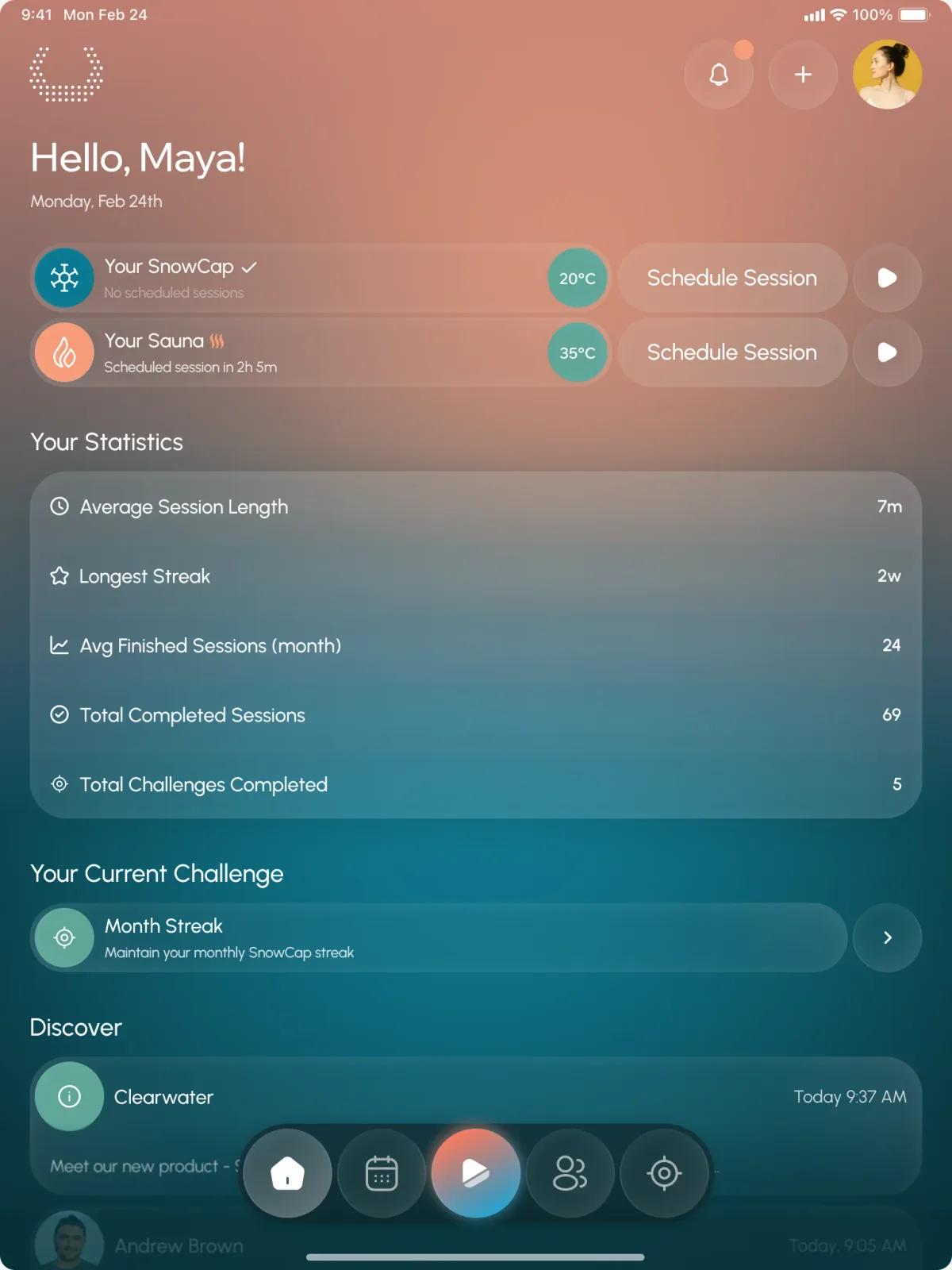 Clearwater home on a tablet: SnowCap and Sauna each with Schedule Session and a start button, statistics, the current challenge and Discover