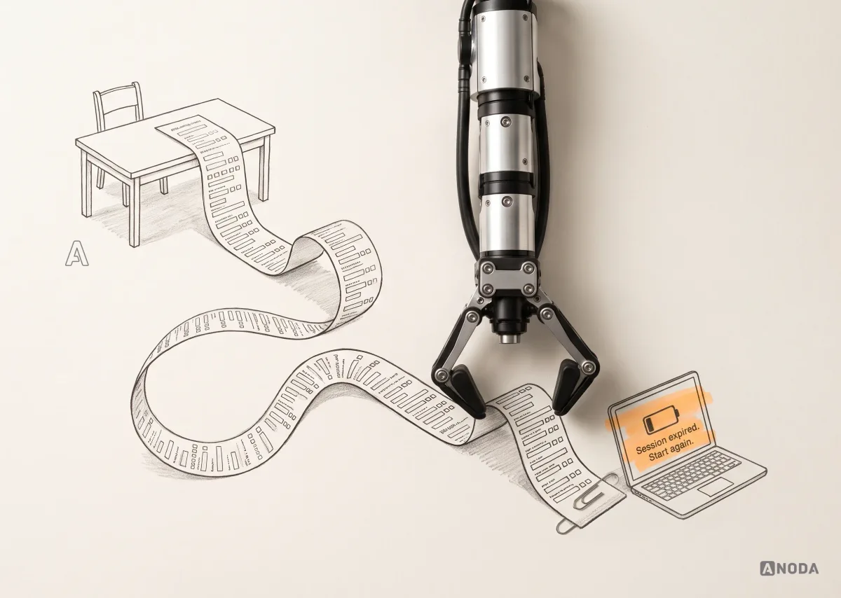Mixed-media illustration: a real steel arm hanging from the top pins down a drawn application form that loops off a desk and across the paper, ending under a paperclip beside a drawn laptop with a dead battery that reads “Session expired. Start again.”