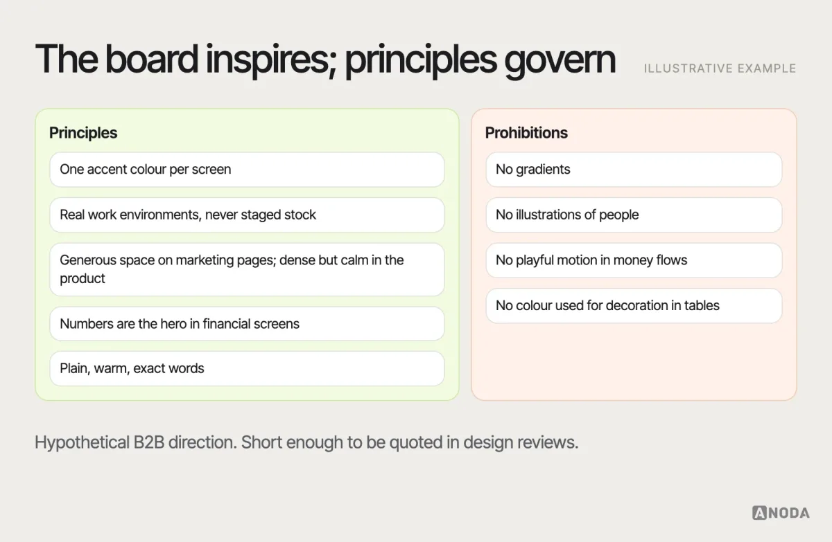 Visual principles and prohibitions, illustrative example: a one-page summary of an approved direction with five visual principles and four prohibitions for a hypothetical B2B product, each linked to the reference that inspired it.