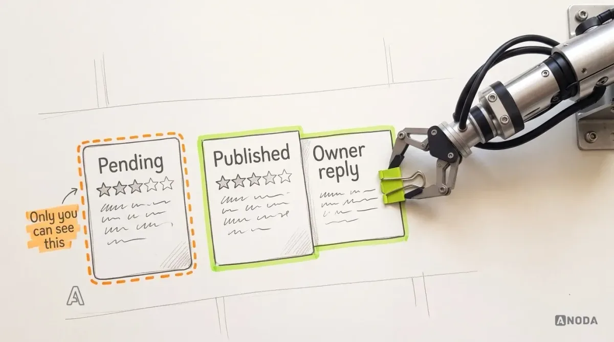 Mixed-media illustration: three drawn review cards in a row labelled “Pending”, “Published” and “Owner reply”; the “Pending” card has an orange dashed outline and the note “Only you can see this”, and a real steel arm from a wall bracket at the right edge clips a lime binder clip joining “Owner reply” to the “Published” card.