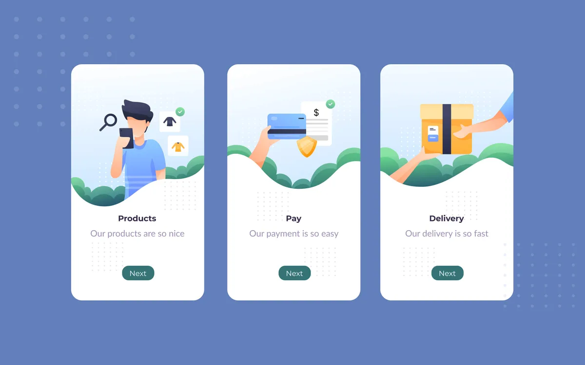 Four distinct mobile app screens showcasing various user interfaces and functionalities for diverse applications.