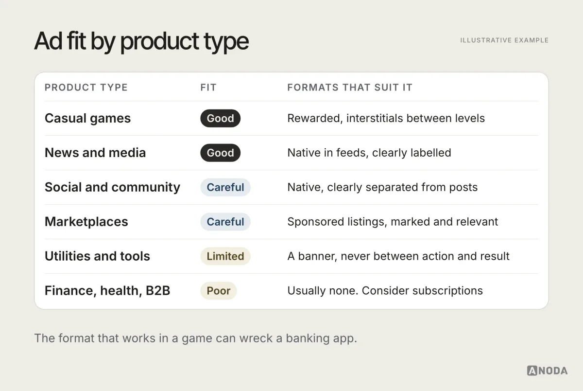 Illustrative diagram titled “Ad fit by product type”: six product types, casual games, media, utilities, social, marketplaces and finance or health, each rated for how well ads fit and which formats suit it best.
