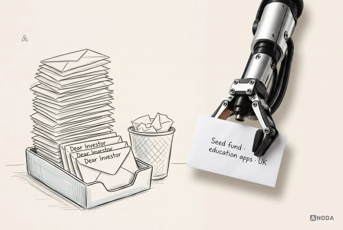A steel robotic hand holds up a real envelope addressed ‘Seed fund · education apps · UK’ beside a drawn letter tray piled with envelopes addressed ‘Dear Investor’ and a bin of crumpled ones.