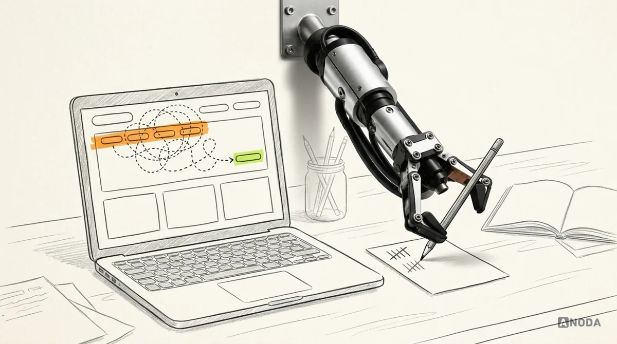 Mixed-media illustration: a drawn laptop shows a website whose cursor path loops around the menu in an orange tangle before reaching a lime-marked link, while a real steel arm from the top makes tally marks with a real pencil on an observation sheet.