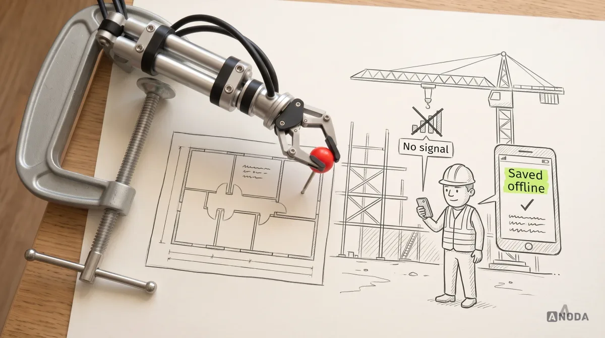Mixed-media illustration: a drawn construction site with scaffolding, a crane and a cartoon worker in a hard hat under a crossed-out signal icon labelled “No signal”; the worker’s phone reads “Saved offline”, highlighted in lime, while a real steel robotic arm pushes a real red map pin into a drawn site plan.