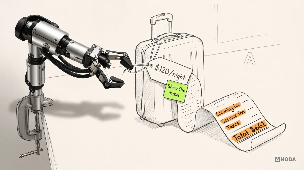 Mixed-media illustration: a drawn price tag reading “$120 / night” hangs from a drawn suitcase; a real steel robotic arm clamped to the table edge pulls the tag’s string, unrolling a long paper receipt with orange lines “Cleaning fee”, “Service fee” and “Taxes” ending in “Total $661”, while a lime note on the tag reads “Show the total”.