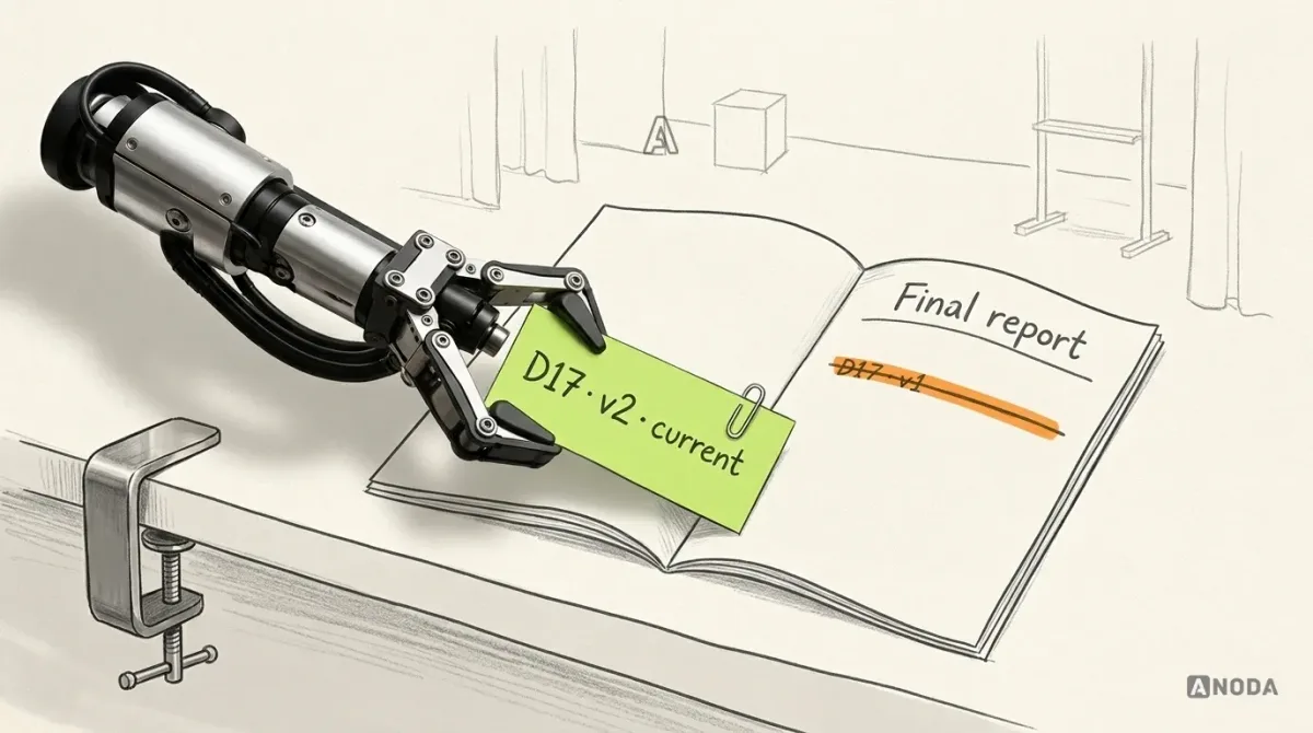 Mixed-media illustration: a drawn theatre programme titled “Final report” lying open on a stage edge, its cast list showing “D17 · v1” struck through in orange; a real steel arm from a table clamp at the left edge clips a lime insert slip reading “D17 · v2 · current” into the programme with a real paper clip.