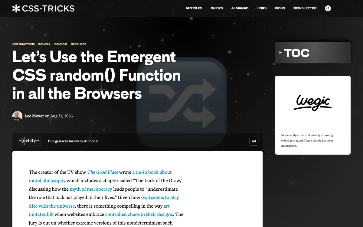 CSS-Tricks article page: “Let’s Use the Emergent CSS random() Function in all the Browsers”, published 31 August 2026.
