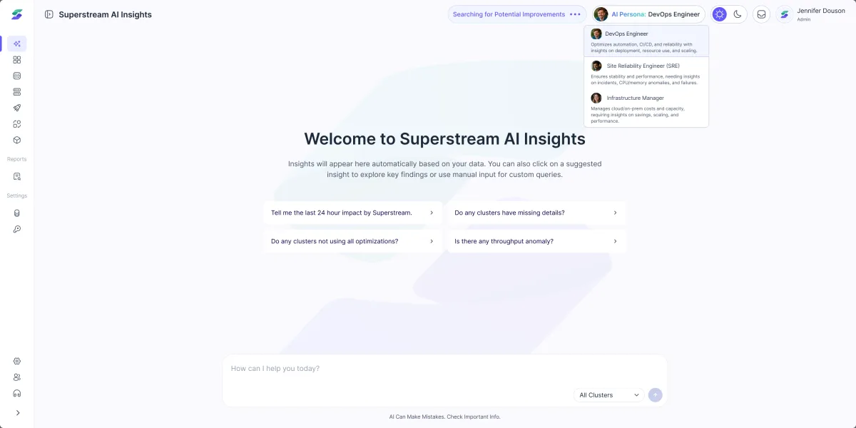 The AI persona menu open over the Superstream AI Insights welcome screen: DevOps Engineer, Site Reliability Engineer and Infrastructure Manager, each with what it focuses on