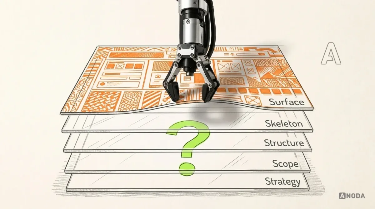 Mixed-media illustration: five drawn transparent sheets stacked in layers and labelled “Strategy”, “Scope”, “Structure”, “Skeleton” and “Surface”, the top “Surface” sheet covered in lavish orange decoration, while a real steel robotic arm hanging from the top edge grips and lifts the top sheet, and a lime question mark shows through the clear sheets underneath.