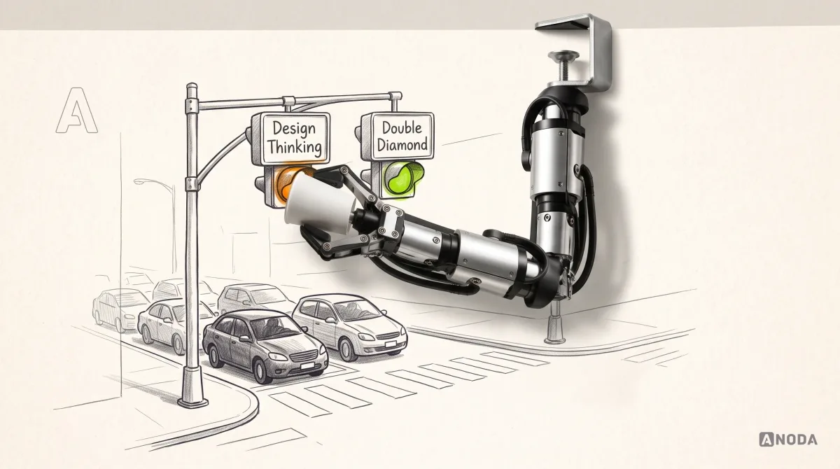 Mixed-media illustration: a drawn street corner with two traffic lights mounted on the same pole, one labelled “Design Thinking” showing orange and one labelled “Double Diamond” showing lime, with drawn cars stuck at the crossing, while a real steel arm clamped to the top edge presses a real paper cup onto the “Design Thinking” light.