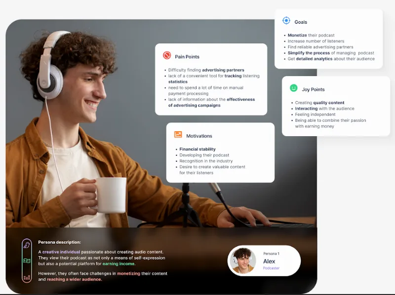 Screenshot of a website featuring a man wearing headphones, showcasing Wildcast, awarded on Behance.