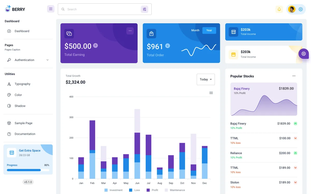 Berry Free dashboard demo: purple and blue earning and order cards, a total growth stacked bar chart and a popular stocks list.