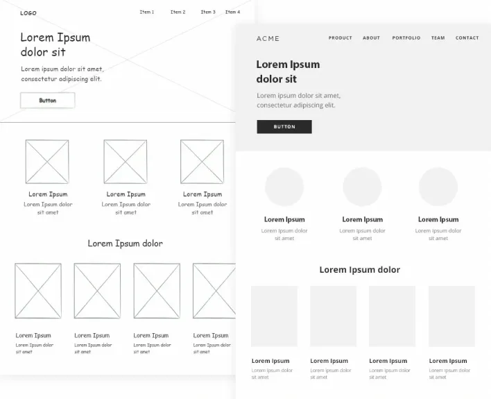 Website design displayed in a white and black color scheme, illustrating wireframe structure and its significance in design.