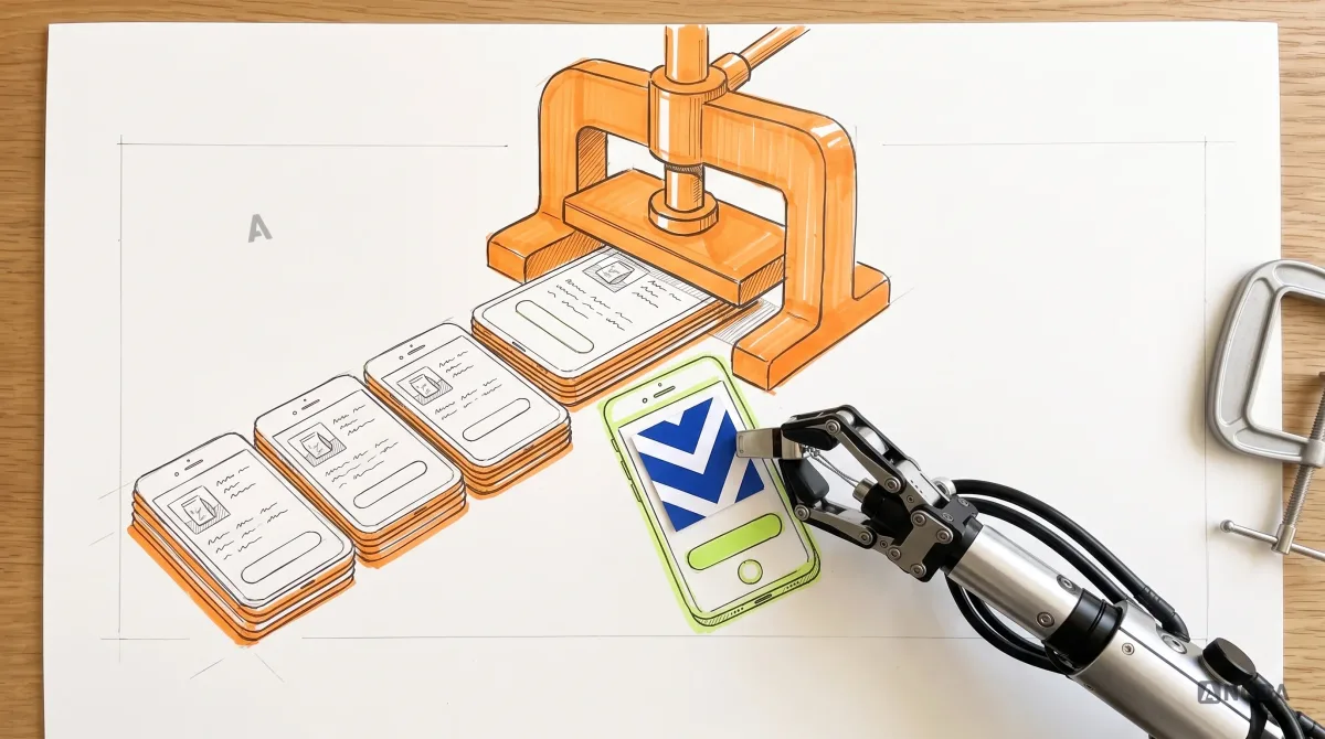 Mixed-media illustration: a drawn stack of identical app screens stamped out by a drawn machine, highlighted in orange; a real steel robotic arm pulls one screen out of the stack and places a real paper swatch of a distinct colour and pattern onto it, highlighted in lime.