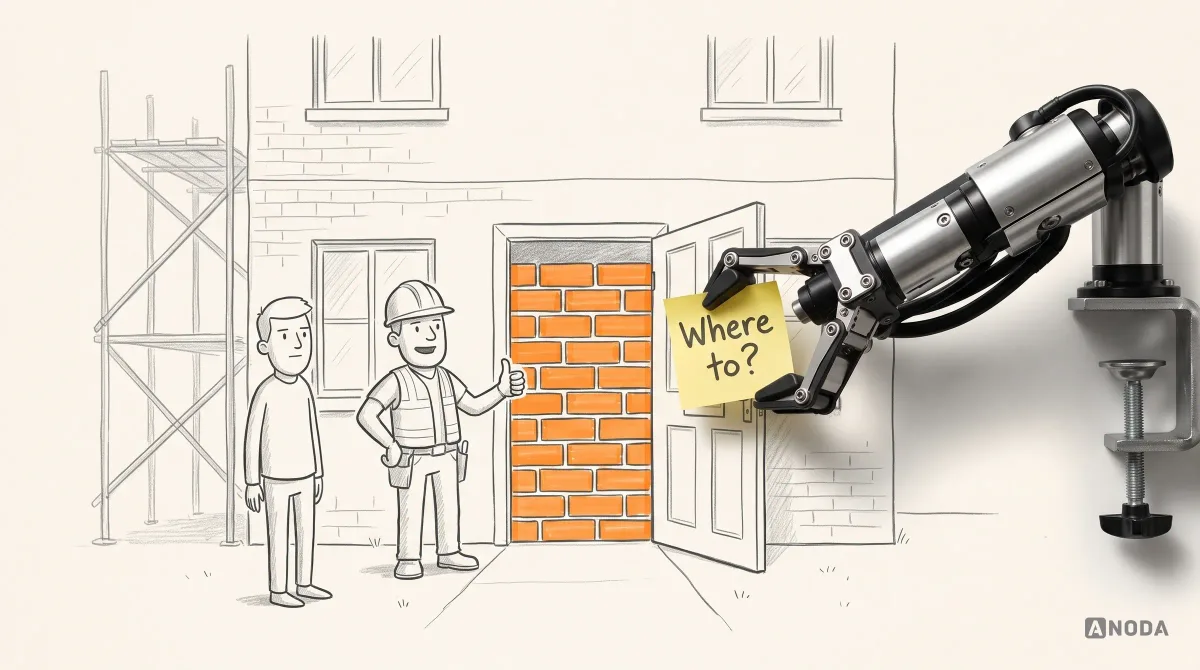 Mixed-media illustration: a drawn house under construction whose brand-new front door opens straight onto a brick wall highlighted orange, a builder giving a proud thumbs-up beside it, and a real steel arm pressing a yellow sticky note reading “Where to?” onto the door.