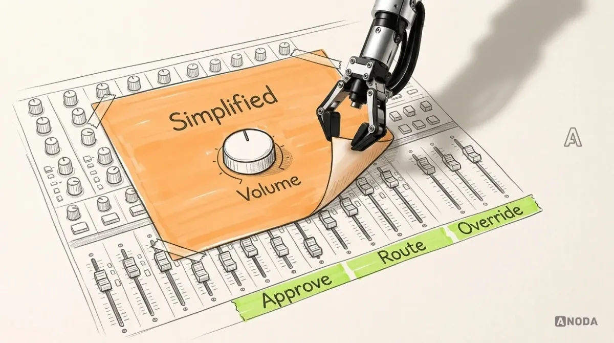Mixed-media illustration: a drawn recording-studio mixing desk with dozens of faders, most of them covered by an orange sheet of paper labelled "Simplified" that leaves only one big knob marked "Volume"; a real steel robotic arm hanging from the top edge peels the orange sheet back, revealing the faders grouped under lime tape labels reading "Approve", "Route" and "Override".