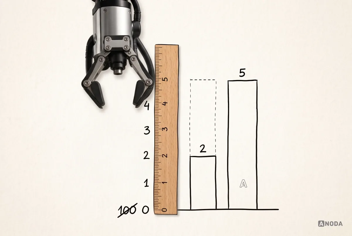 Mixed-media illustration: a real steel arm has laid a wooden ruler along a drawn bar chart’s axis, which now starts at 0 with the old “100” crossed out, so the “5” bar stands two and a half times taller than the “2” bar, whose dashed outline shows it once looked just as tall.