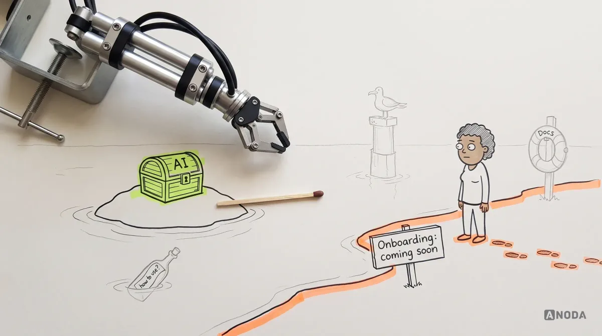Mixed-media illustration: a drawn treasure chest labelled “AI” sits on an island, a drawn user stares at it from the shore past a sign reading “Onboarding: coming soon”, and a real steel arm lays a real matchstick across the water as a bridge that is too short.