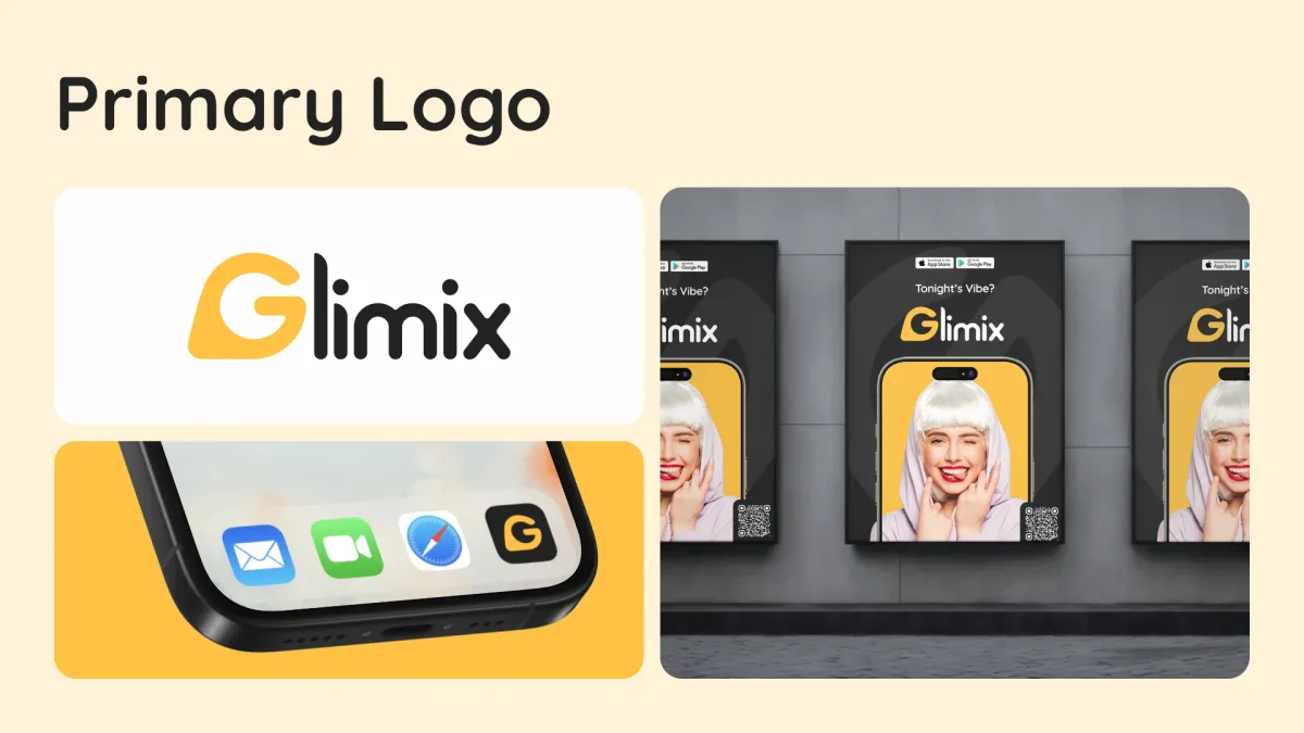 Brand book page, Primary Logo: the Glimix wordmark, the app icon on a phone and posters on a wall