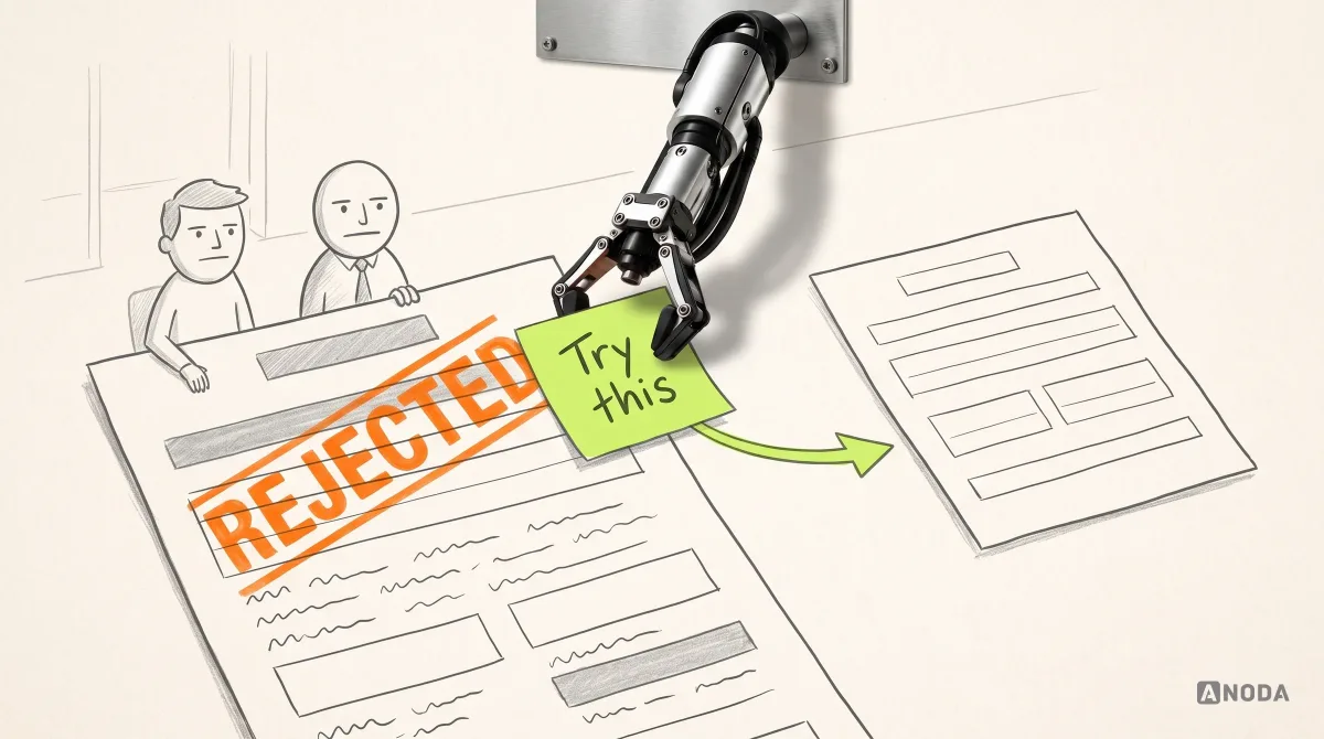 Mixed-media illustration: a drawn application form stamped “Rejected” in orange, with a real steel arm pressing a real lime-green sticky note reading “Try this” beside it and a drawn arrow pointing to a simpler second form