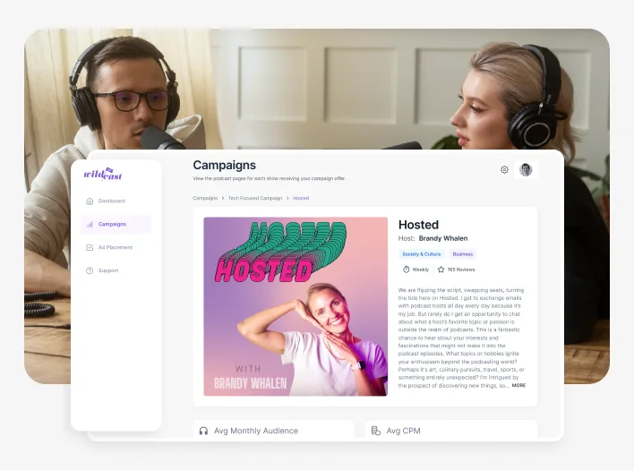 A woman and man wearing headphones, engaged with a computer screen, showcasing Wildcast’s award-winning design on Behance.