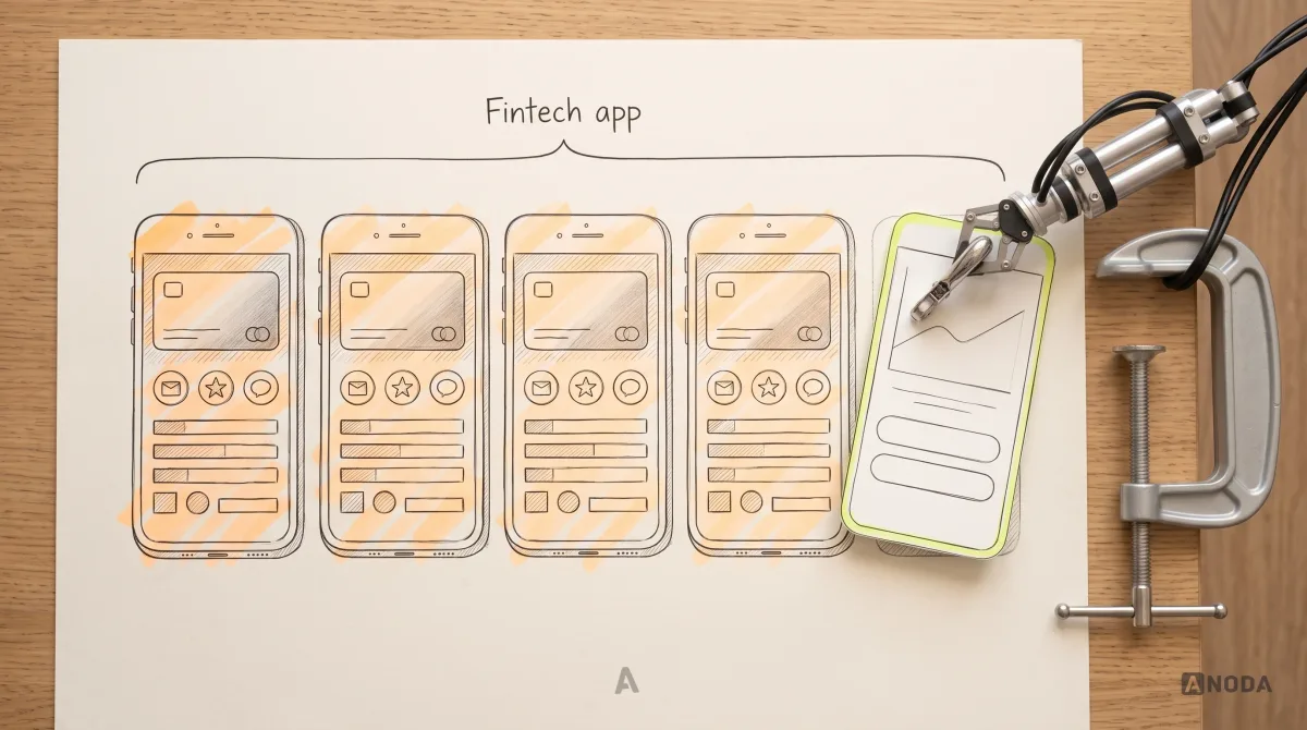 Mixed-media illustration: a row of four identical drawn phone screens in the same style under a bracket marked “Fintech app”, highlighted in orange; a real steel robotic arm slides a sixth, clearly different drawn screen with its own distinct layout into the row, its edge highlighted in lime.