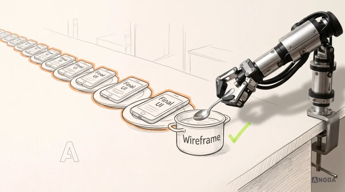 Mixed-media illustration: a long drawn row of plated dishes, each plate holding a drawn phone screen labelled “Final UI”, is outlined in orange; in front of them sits a drawn cooking pot labelled “Wireframe”, and a real steel robotic arm dips a real small metal tasting spoon into the pot, with a lime tick drawn beside it.