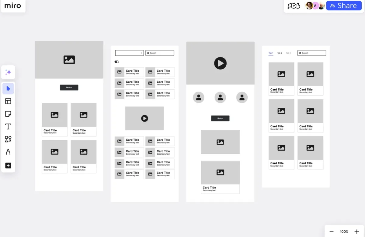 Miro board with four grayscale layouts containing cards, search controls and media placeholders.