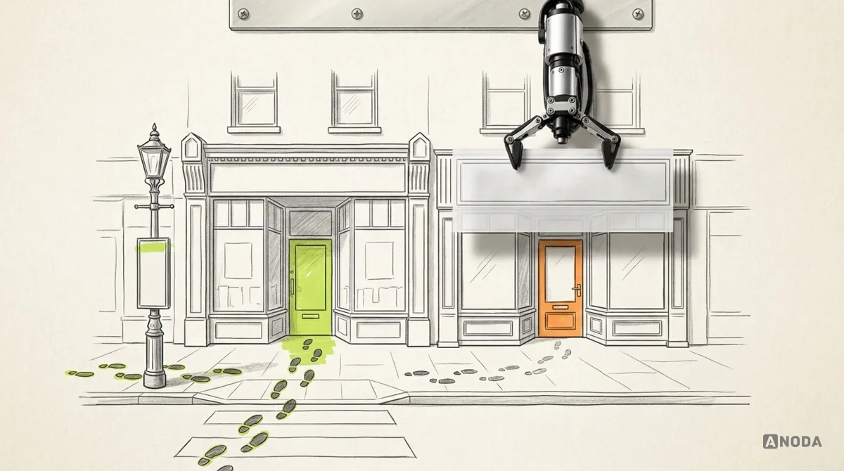 Mixed-media illustration: a drawn street with a famous shop and a lookalike shop next to it; footprints from the lookalike’s advert lead through the famous shop’s lime-marked door, while a real steel arm from the top holds a real sheet of tracing paper over the lookalike’s sign