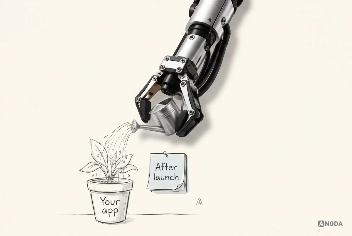 A steel robotic hand pours water from a real metal watering can onto a drawn plant in a pot labelled ‘Your app’, beside a pinned note reading ‘After launch’.