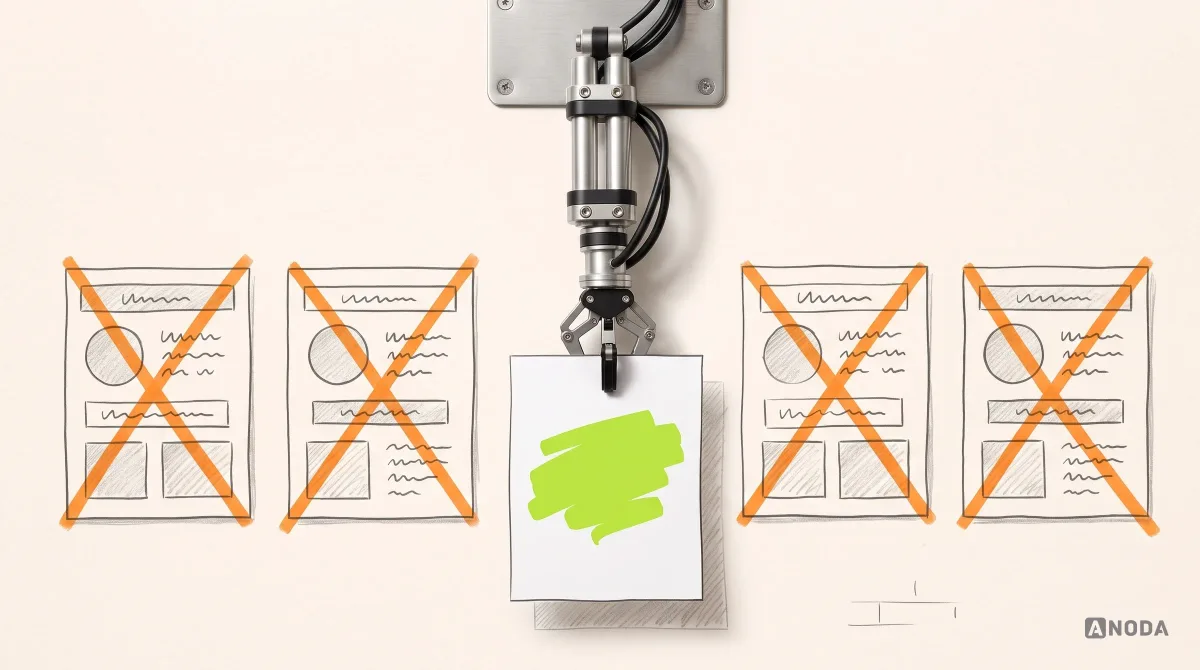 Mixed-media illustration: a row of four drawn lookalike ad posters crossed out in orange, while a real steel arm hanging from the top pins up one real paper poster between them with a single bold lime shape and plenty of empty space.
