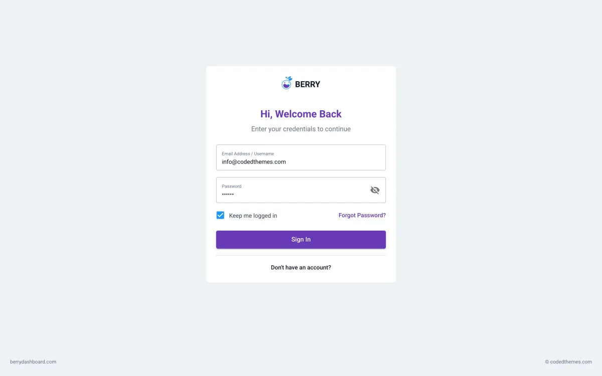 Berry Free login page: a centred card with a logo, email and password fields, a keep-me-logged-in checkbox and a sign-in button.