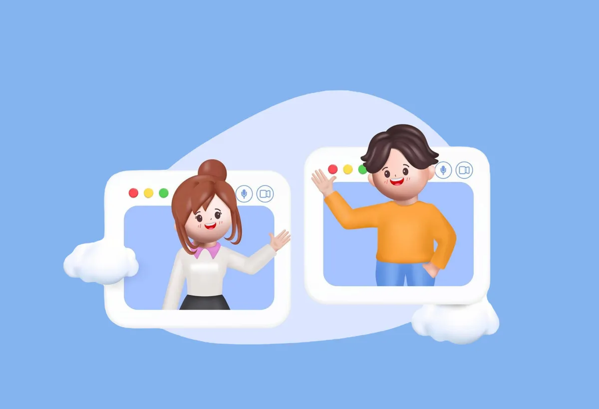 A cartoon couple engaged in conversation, illustrating communication in the app design process.