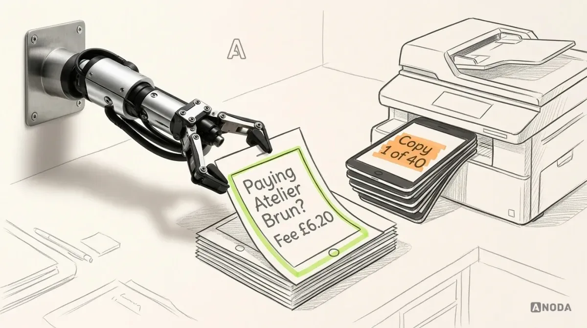 Mixed-media illustration: a drawn office photocopier spits out a stack of identical dark phone screens, the top one stamped “Copy 1 of 40” in orange; a real steel robotic arm on a wall bracket at the left edge pulls one sheet out of the tray and turns it over to show a hand-drawn plain screen reading “Paying Atelier Brun? Fee £6.20” outlined in lime.