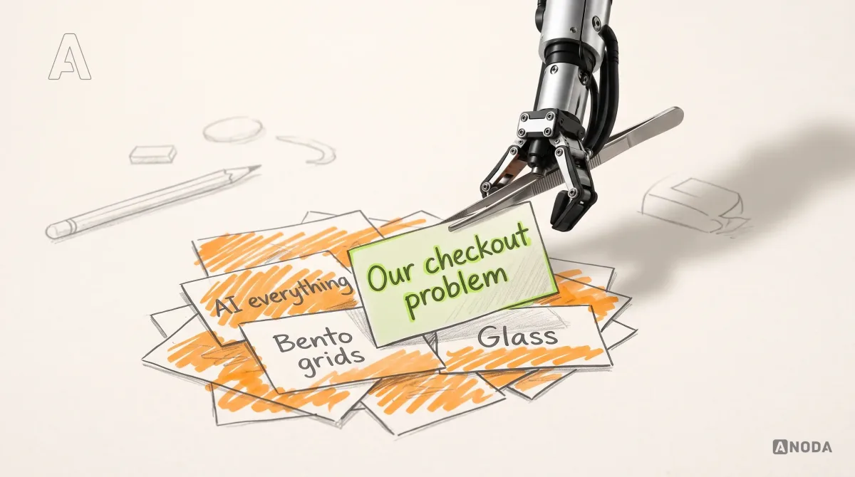 Mixed-media illustration: a drawn pile of orange trend cards reading “AI everything”, “Bento grids” and “Glass”, and a real steel arm hanging from the top edge using real tweezers to lift out one lime card reading “Our checkout problem”.