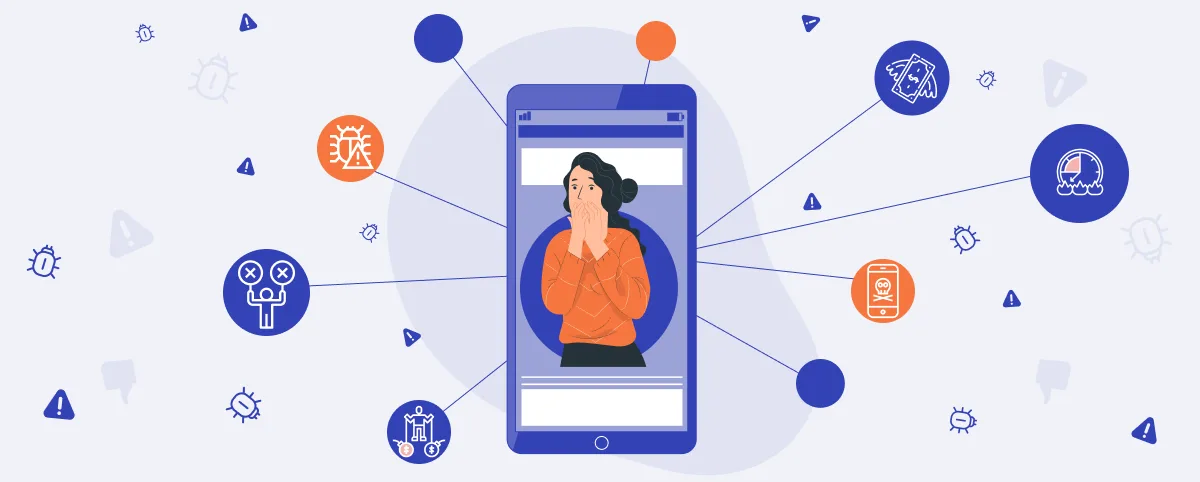 Illustration of an anxious app user surrounded by bugs, broken features and cost warnings.