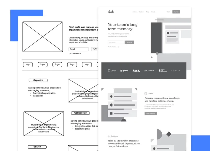 Website design featuring a blue background, illustrating wireframe structure and its significance in the design process.