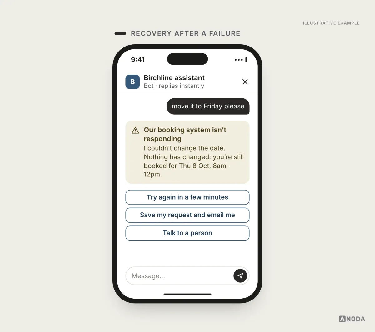 Illustrative example: the bot says the booking system isn’t responding so the date couldn’t be changed, confirms nothing changed and the delivery is still Thu 8 Oct, 8am–12pm, and offers “Try again in a few minutes”, “Save my request and email me” and “Talk to a person”.