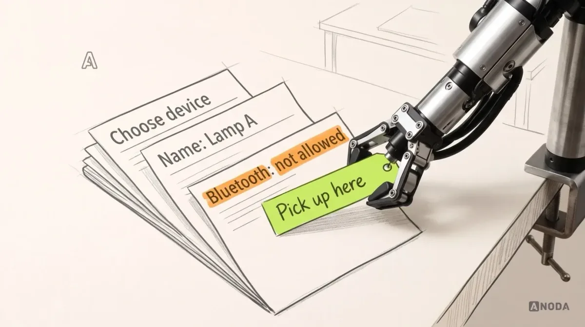 Mixed-media illustration: a drawn setup booklet open on paper, its pages reading “Choose device”, “Name: Lamp A” and “Bluetooth: not allowed” in orange; a real steel arm clamped to the table at the right edge slides a lime bookmark reading “Pick up here” into the Bluetooth page.